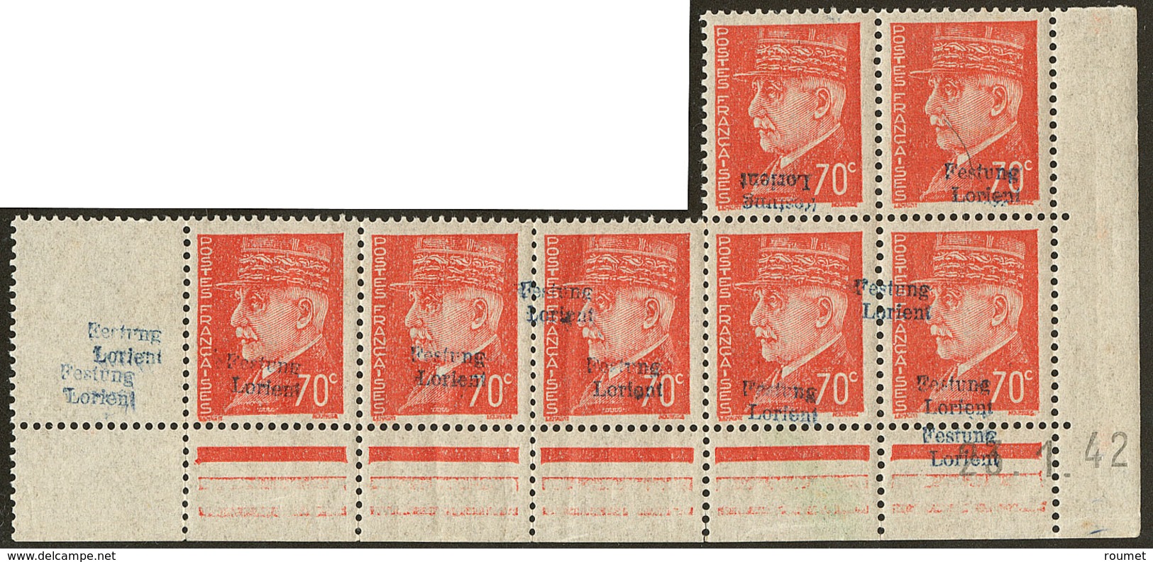 * No 6, Bloc De Sept Bas De Feuille Dont Bloc De Quatre Cd 23.1.42, Gomme à Peine Glacée Sinon **, Point De Rousseur Sur - War Stamps