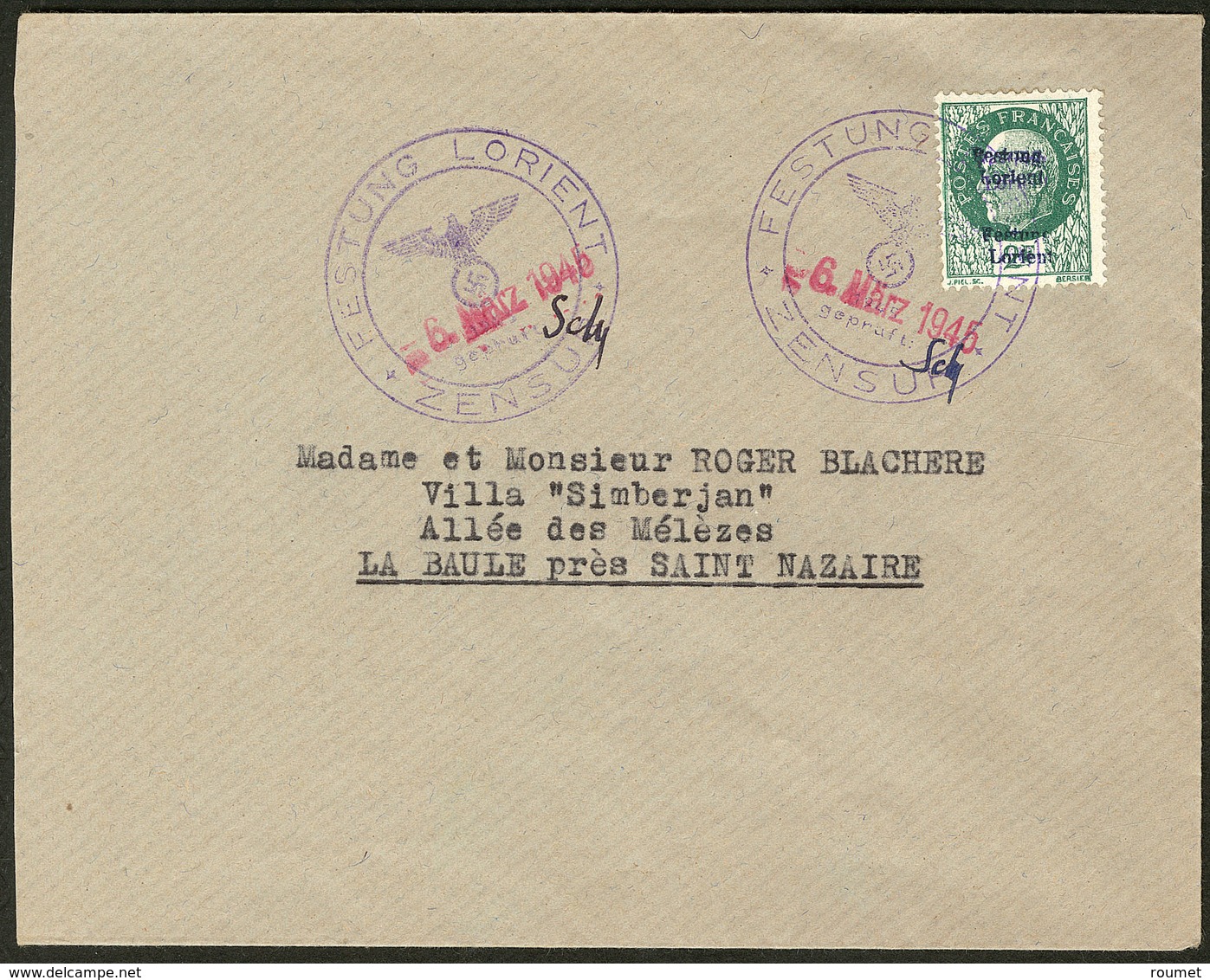 Lettre No 11, Double Surcharge, Obl 6 Mars 45 Sur Enveloppe Pour La Baule. - TB. - R (tirage 200, Cote Mi.: 1800€) - War Stamps