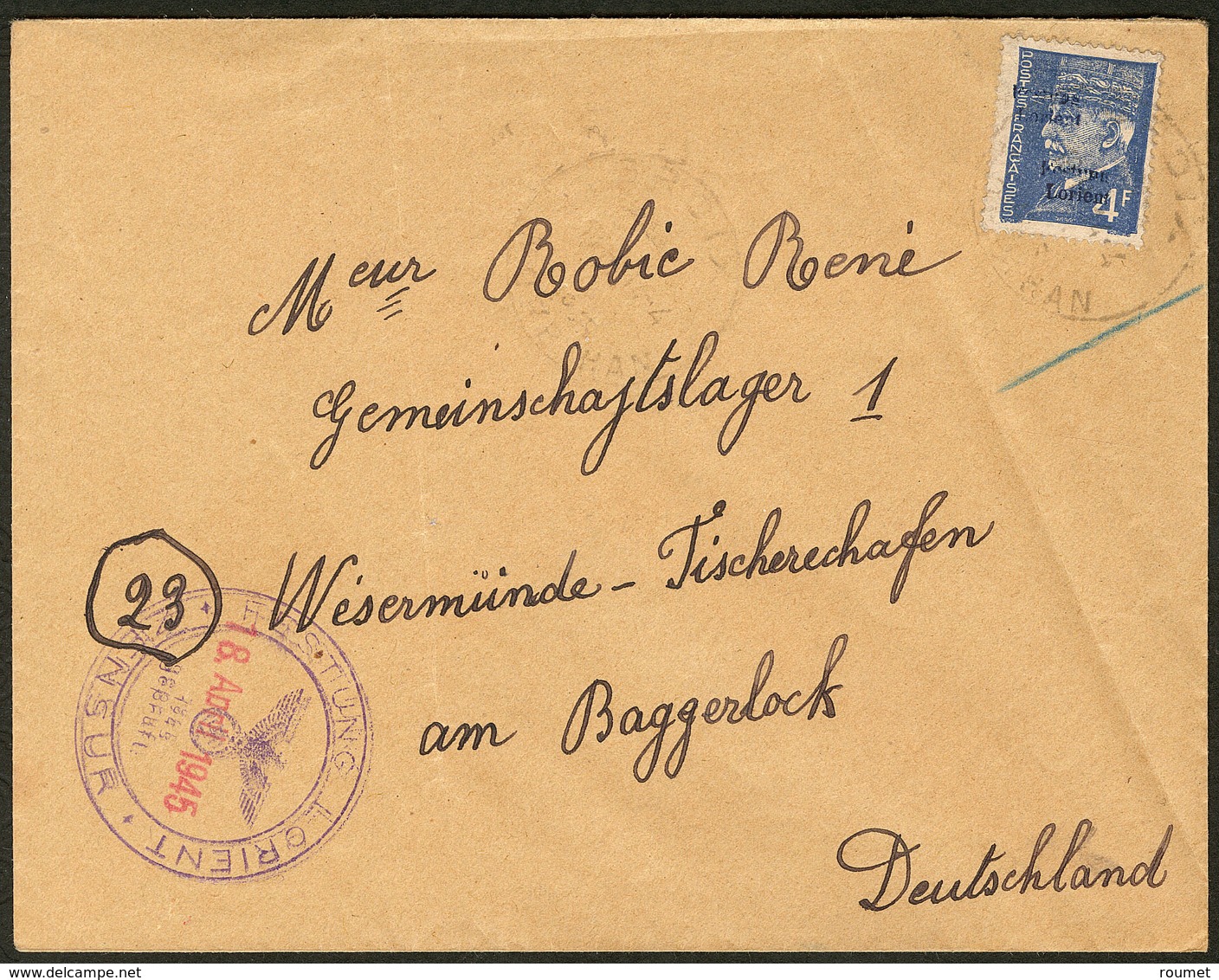Lettre No 12, Double Surcharge, Sur Enveloppe 18 Avril 45, Pour L'Allemagne. - TB. - R (tirage 200, Cote Mi.: 1600 €) - War Stamps