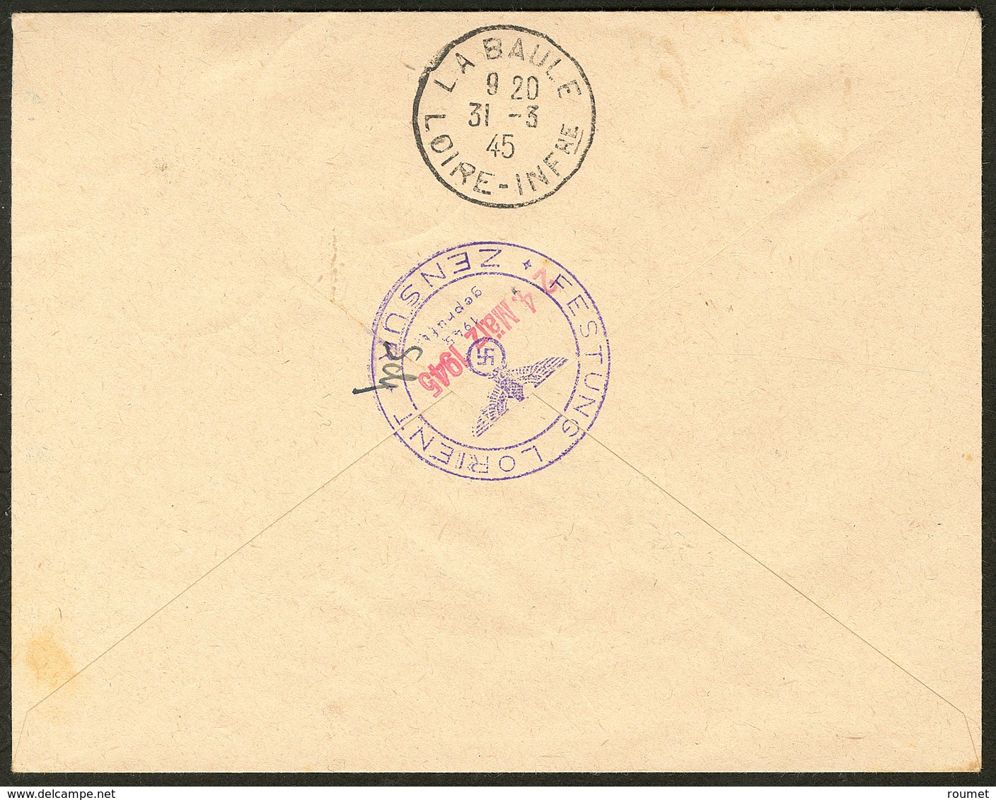 Lettre No 15 (5f Arc De Triomphe, Mi. # 15), Obl Censure 24 Mars 45 Sur Enveloppe Pour La Baule. - TB. - RR (tirage 35, - War Stamps