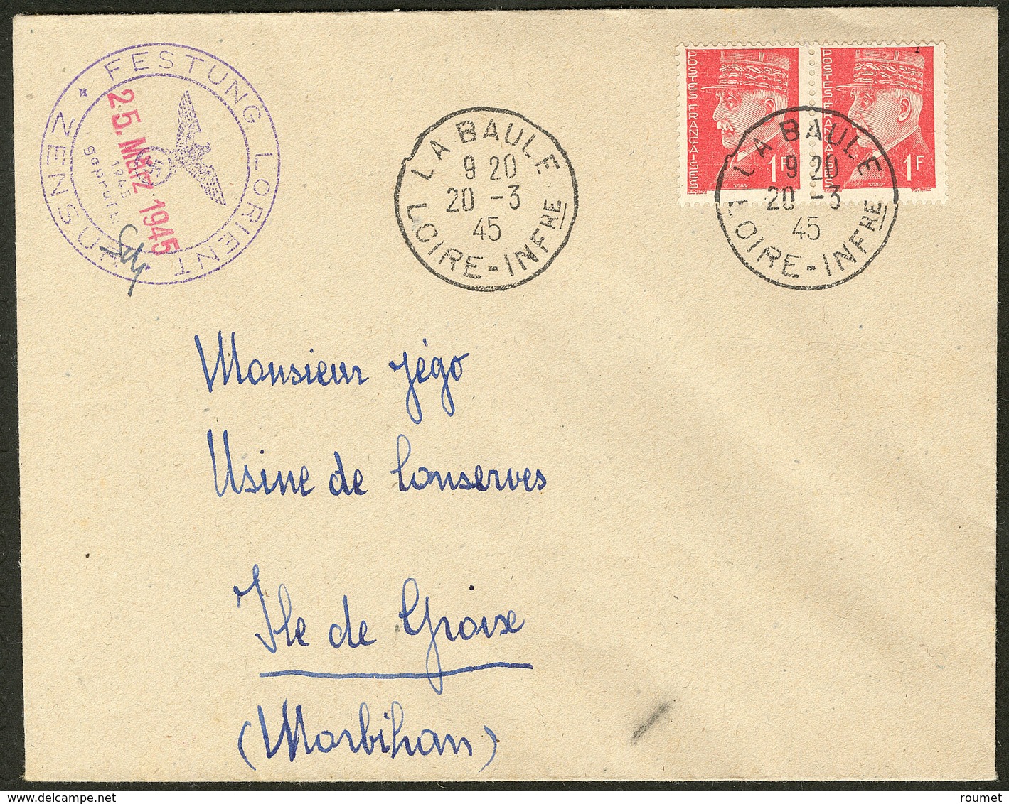 Lettre Poste N°514 Paire Obl Cad La Baule 20.3.45 Sur Enveloppe Avec Censure 25 Mars 45 Et Signature, Pour L'ile De Groi - War Stamps