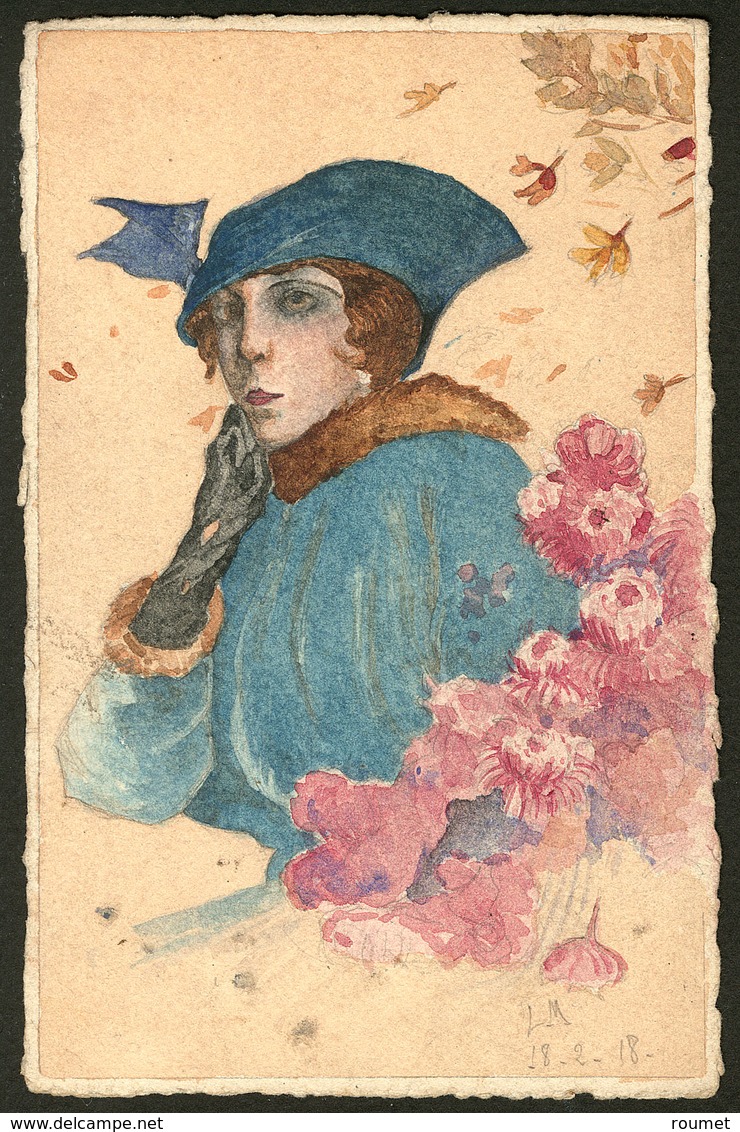 Lettre Illustration à La Main. Portrait De Femme Et Fleurs, CP Aquarelle Et Plume, Signée LM 18.2.18. - TB - Unclassified