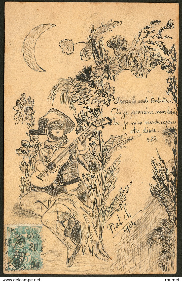 Lettre Illustration à La Main. "Arlequin Au Clair De Lune", CP Encre Et Plume, Afft 111, Signée Piat Ch 1904. - TB - Non Classés