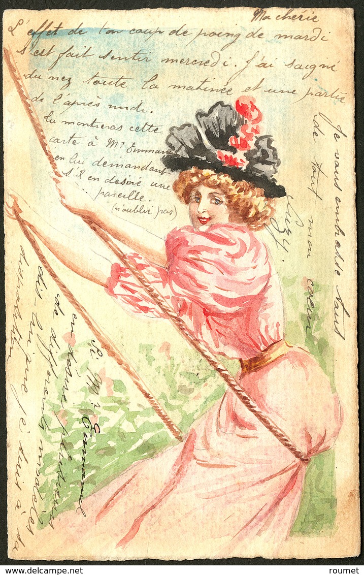 Lettre Illustration à La Main. Jeune Femme à La Balançoire", CP Aquarelle Et Plume, Afft N°124. - TB - Zonder Classificatie