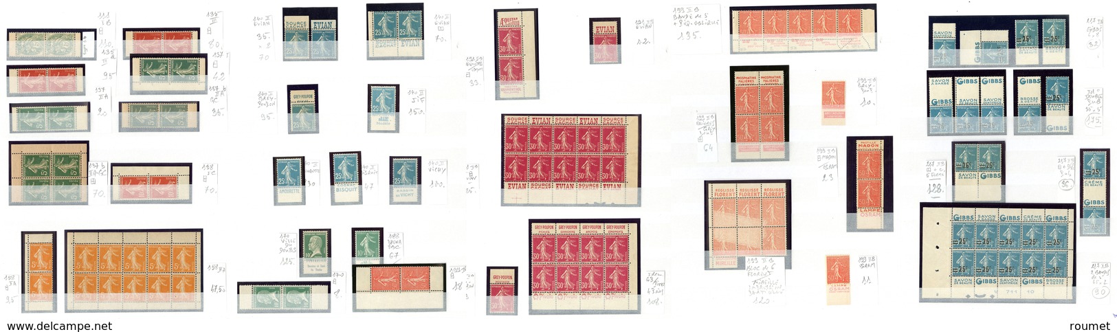 ** Semeuse Lignée Et Camée. 1906-1937, Entre Les N°135/340, Tous Avec Pubs Diverses, Unité, Paire Verticale, Bloc De Qua - Collections