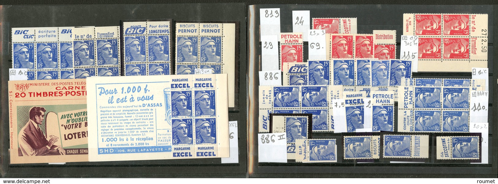 ** Marianne De Gandon. 1948-1951, Tous Avec Pubs Diverses, Unité, Paire Verticale, Bloc De Quatre. - TB (cote Maury) - Collections