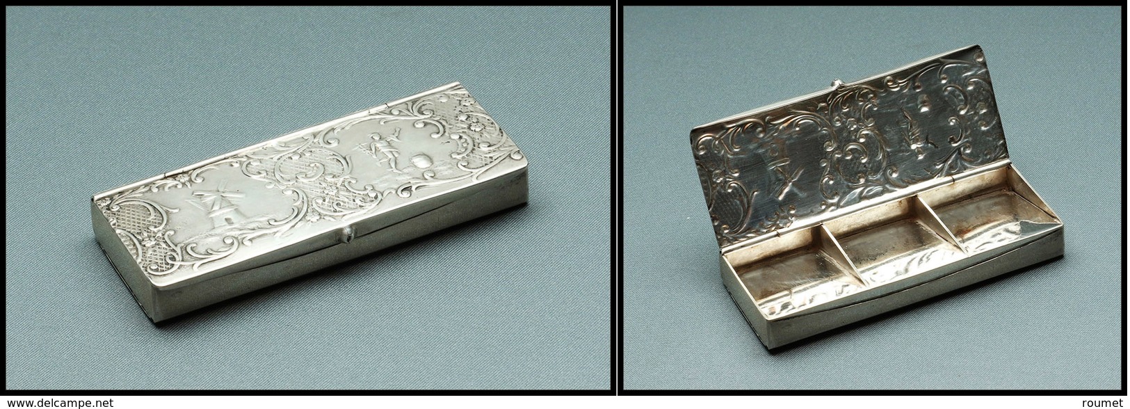 Boîte Hollandaise En Argent, Ouverture Double Face, Moulin Et Voilier En Relief Sur Les 2 Faces, 6 Comp., 75x30 X10mm. - - Stamp Boxes