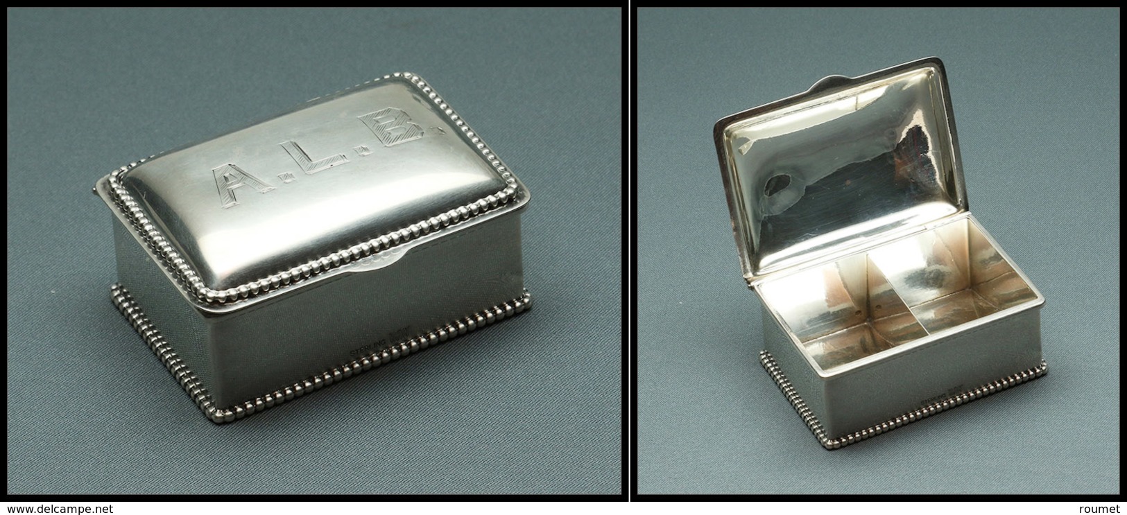 Boîte En Argent, Monogramme "ALE" Sur Couvercle, Poinçons, 2 Comp., 55x38x23mm. - TB - Stamp Boxes