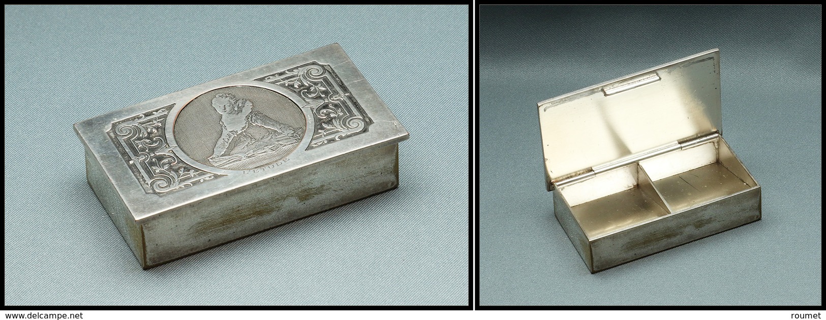 Boîte En Métal Argenté, Décor En Relief Marqué "L'Etude", 2 Comp., 63x35x16mm. - TB (cf BB P.80) - Stamp Boxes