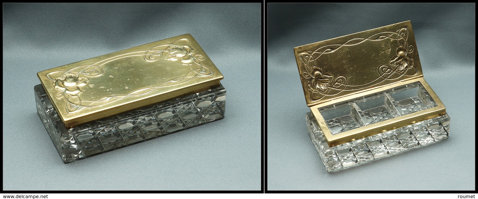 Boîte Rectangulaire En Cristal, Couvercle Laiton Doré, "Modern Styl'", 3 Comp., 105x50x30mm. - TB - Stamp Boxes