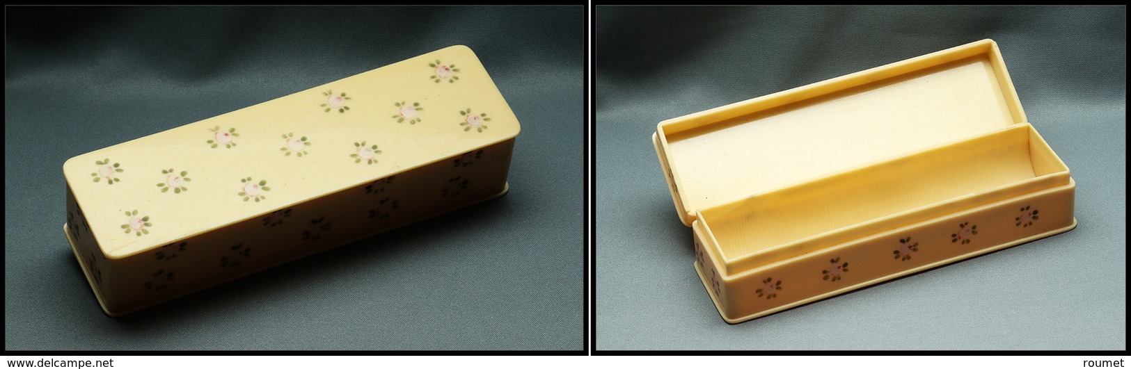 Boîte Rectangulaire En Ivoirine, à Décor De Petites Fleurs, 1 Comp., 138x40x30mm. - TB - Stamp Boxes