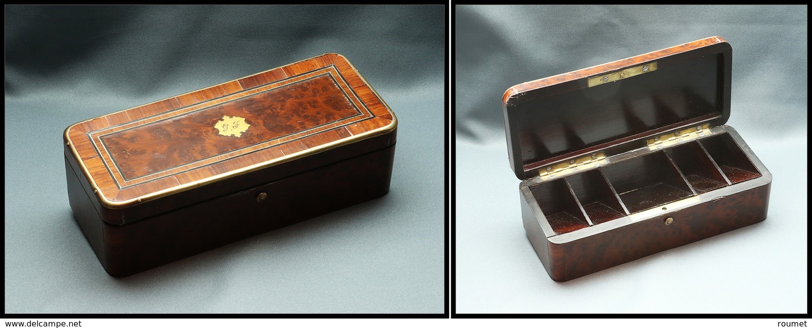 Boîte En Palissandre Et Marqueterie De Loupe De Thuya, Cerclage Et Monogramme Laiton, 5 Comp., 145x80x 43mm. - TB - Stamp Boxes