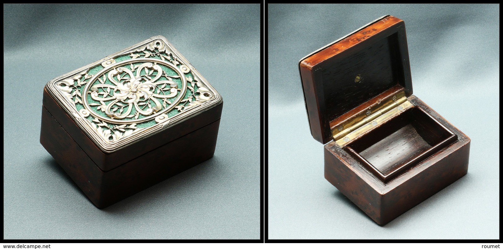 Boîte En Palissandre à Décor Ajouré, En Argent Sur Couvercle, 1 Comp., 58x43x33mm. - TB - Stamp Boxes