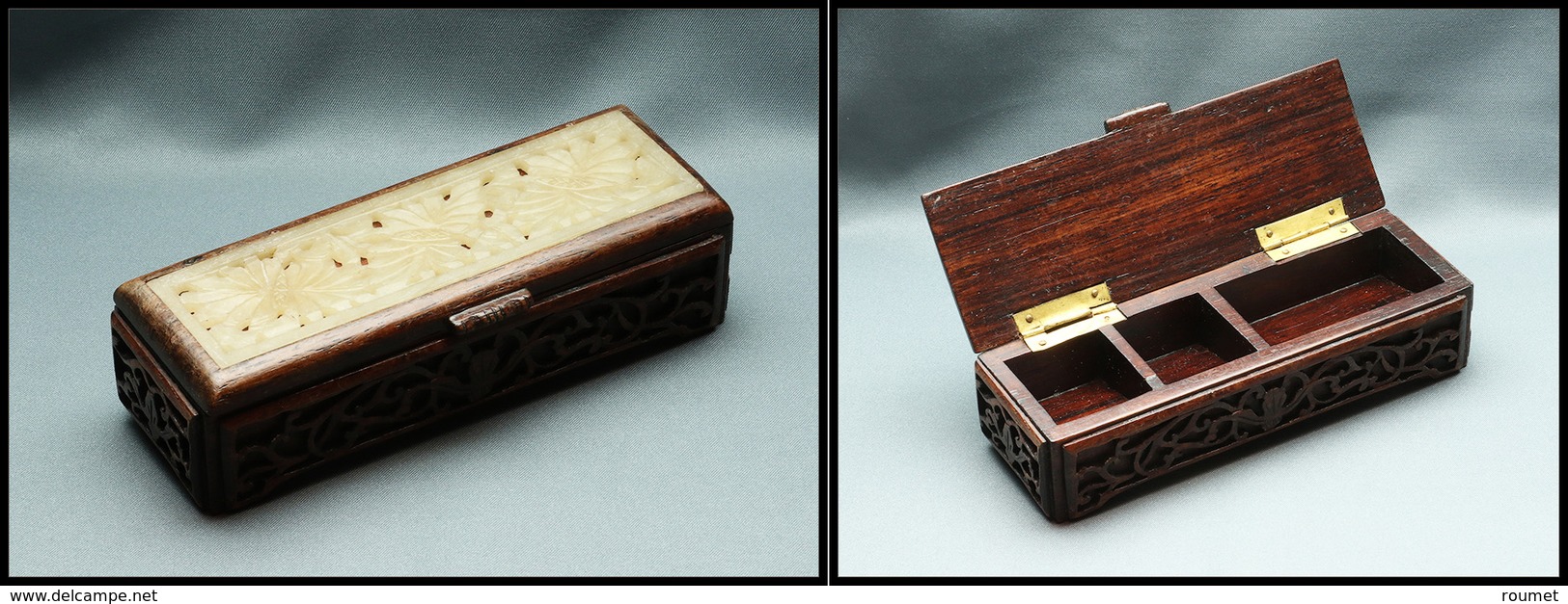 Boîte Rectangulaire En ébène à Décor Ajouré En Jade Sur Couvercle, 3 Comp., 125x45x28mm. - TB - Stamp Boxes