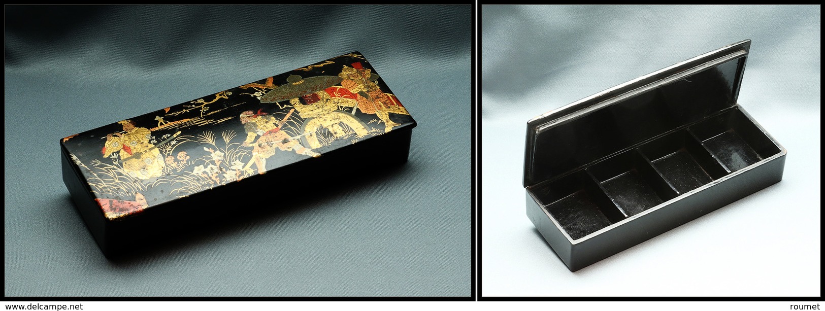 Boîte Chinoise En Papier Mâché, Scène De Vie Traditionnelle En Décor, 4 Comp., 145x50x25mm. - TB - Stamp Boxes