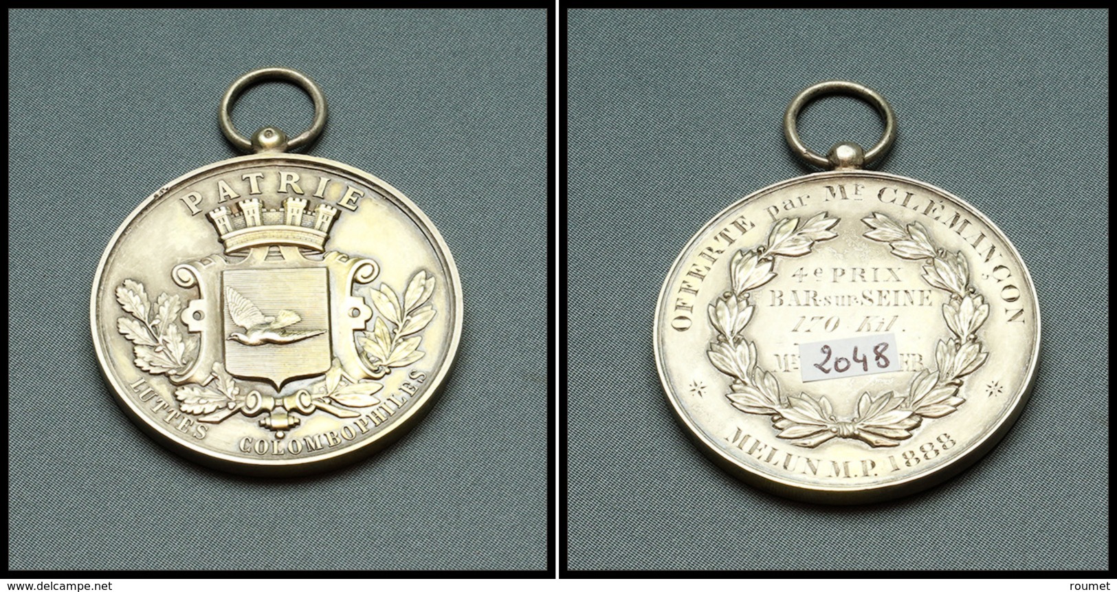 Médaille "Patrie, Luttes Colombophiles", Offerte Par Mr Clemencon, 4e Prix Bar Sur Seine, 170kil Mr Gauthier, Melun MP 1 - Postzegeldozen