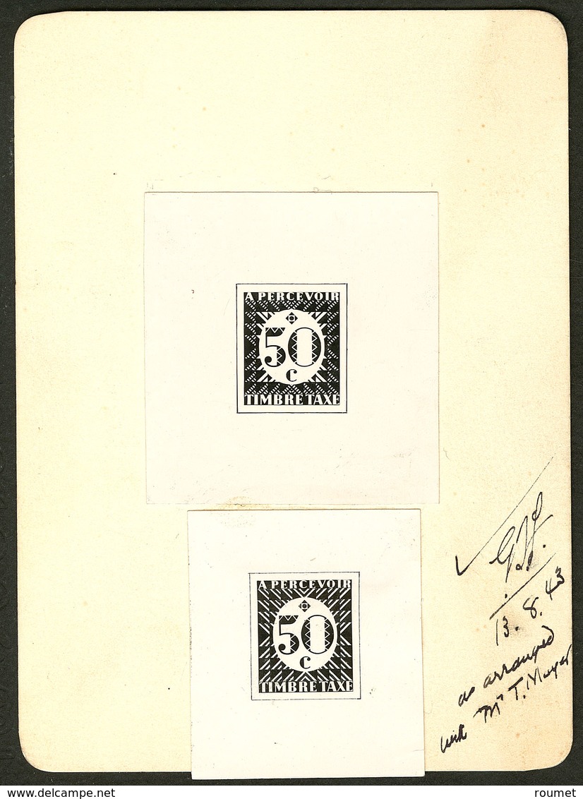 (*) Taxe. Essai émission 1945. 2 Essais Différents En Noir "50c" (N°30), Collés Sur Carte, Avec Mention "13.8.43/ As Arr - Taxe