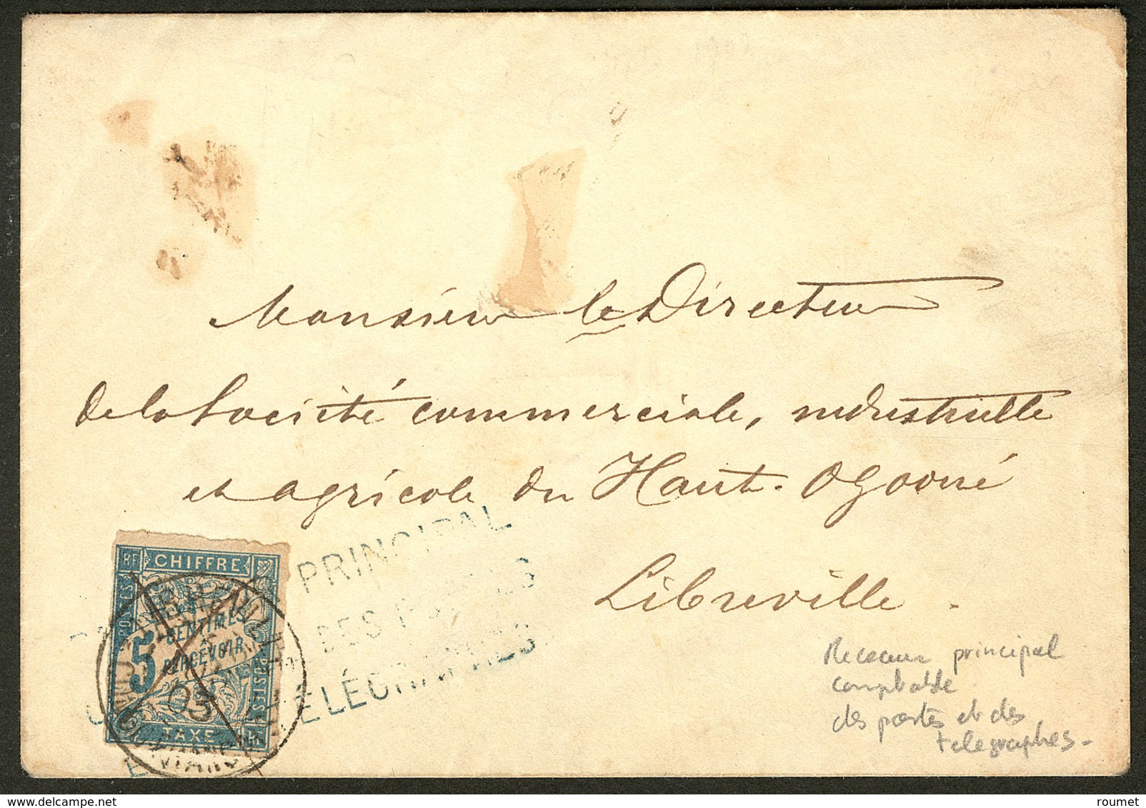 Lettre Gabon. Taxe 18, Annulé Plume + Griffe Bleue "Receveur Principal Comptable ..." Et Cad Libreville, Sur Enveloppe L - Autres & Non Classés