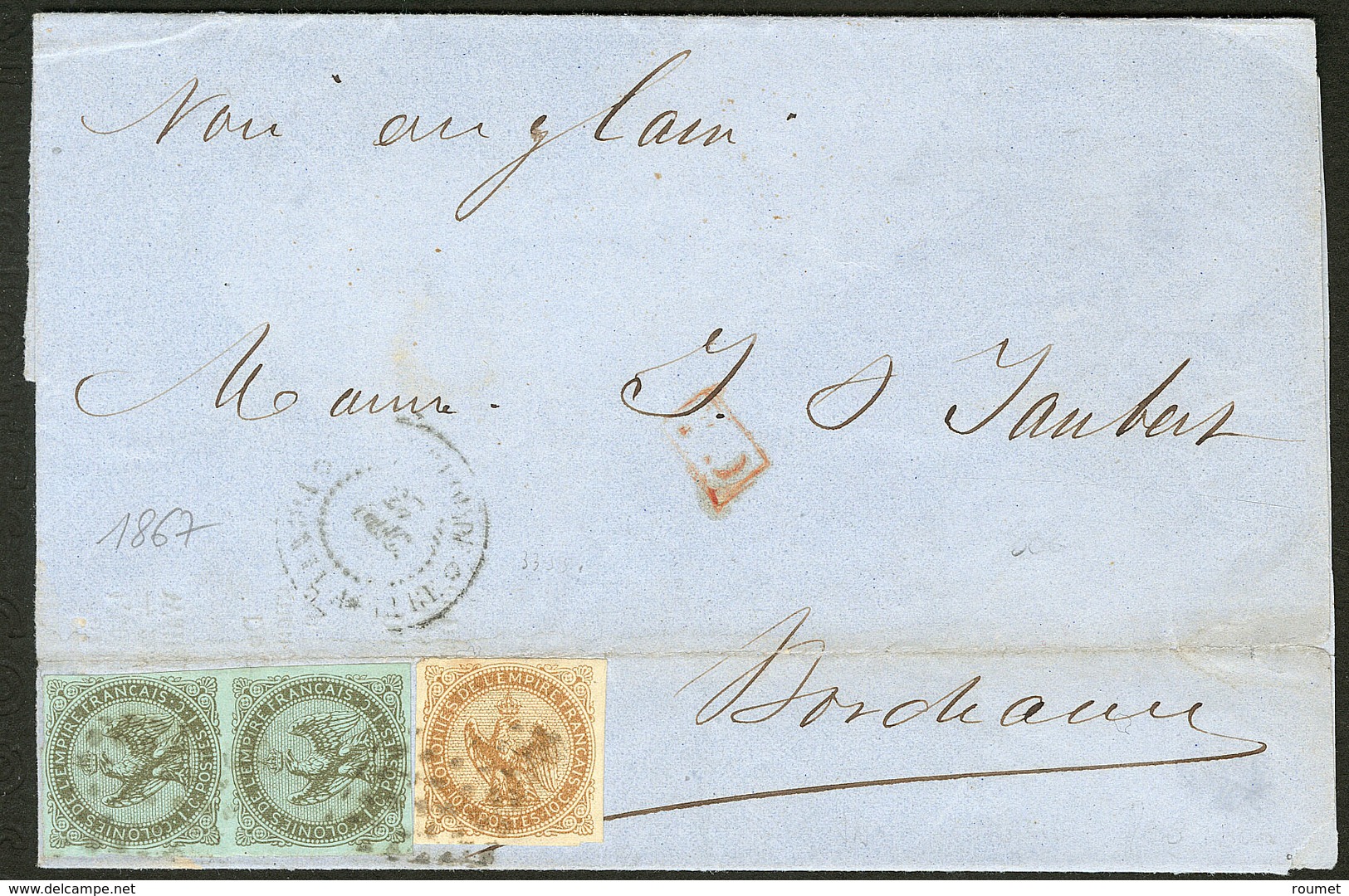 Lettre Guadeloupe. Nos 1 Paire Verticale + 3, Obl Losange Muet Sur Bulletin Maritime De Pointe à Pitre 1867 Pour Bordeau - Autres & Non Classés