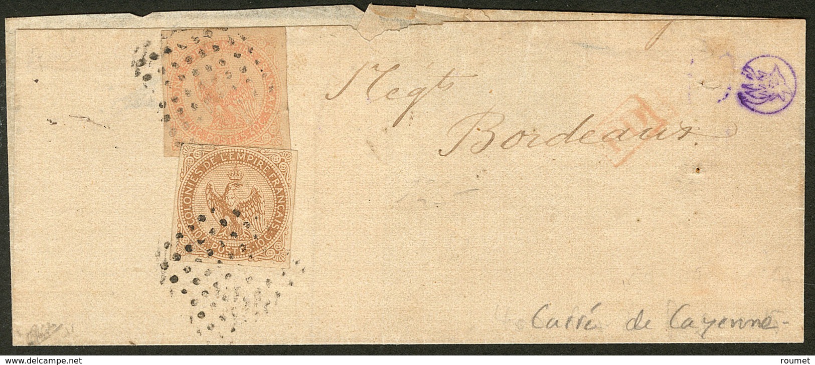 Lettre Guyane. Nos 3 + 5, Obl Carré De Points De Cayenne Sur Grand Fragment De Lettre Pour Bordeaux. - TB - Other & Unclassified