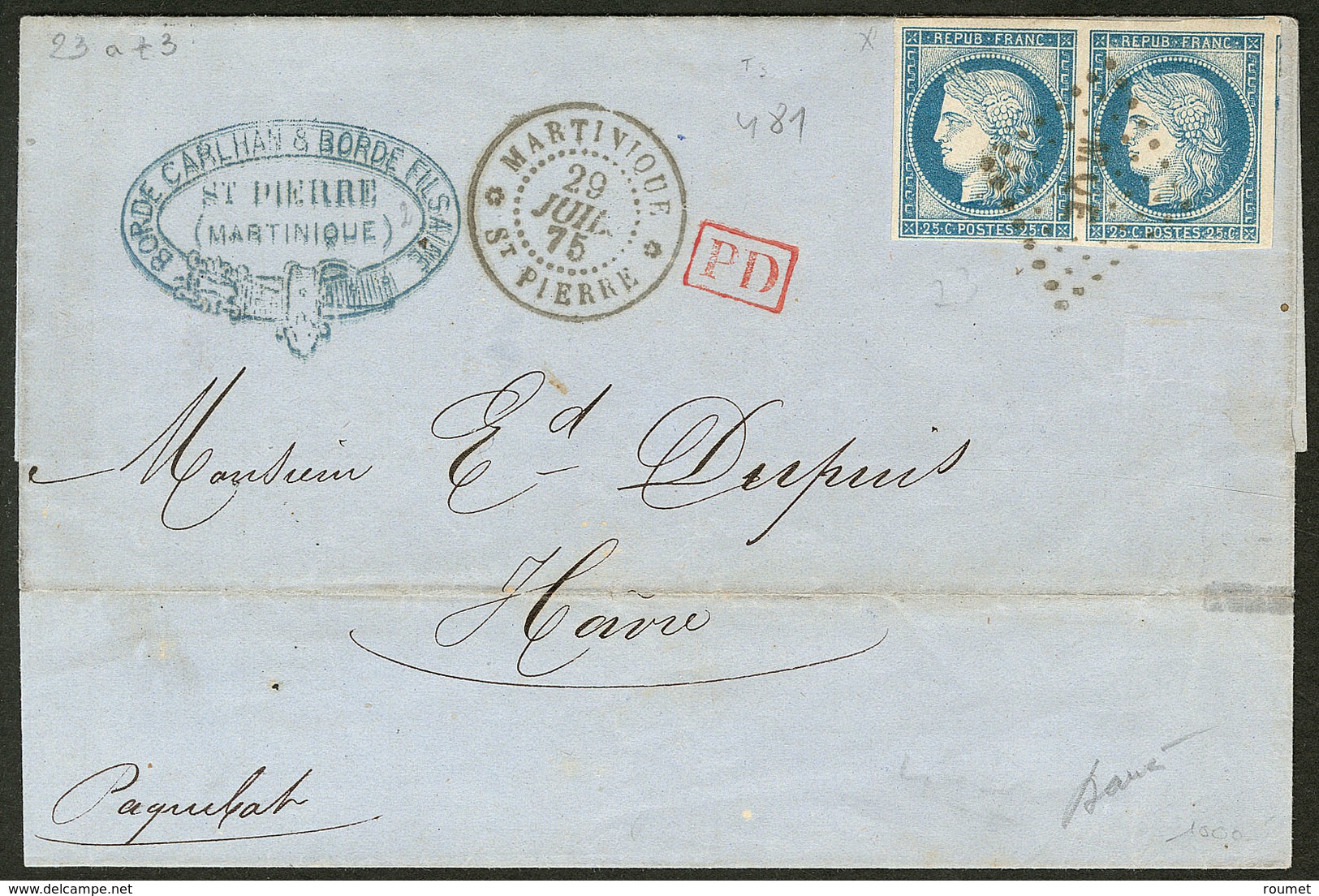 Lettre Martinique. No 25a, Paire, Deux Voisins, Obl Losange "MQE" Sur Lettre De St Pierre Juil 75 Pour Le Havre. - TB - Autres & Non Classés