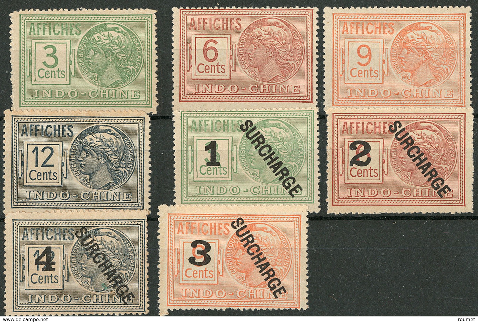 (*) FISCAUX. Indochine. Timbres Affiches. 4 Valeurs 3c, 6c, 9c Et 12c + Les Mêmes Avec "SURCHARGE" Et Nouvelle Valeur. - - Autres & Non Classés