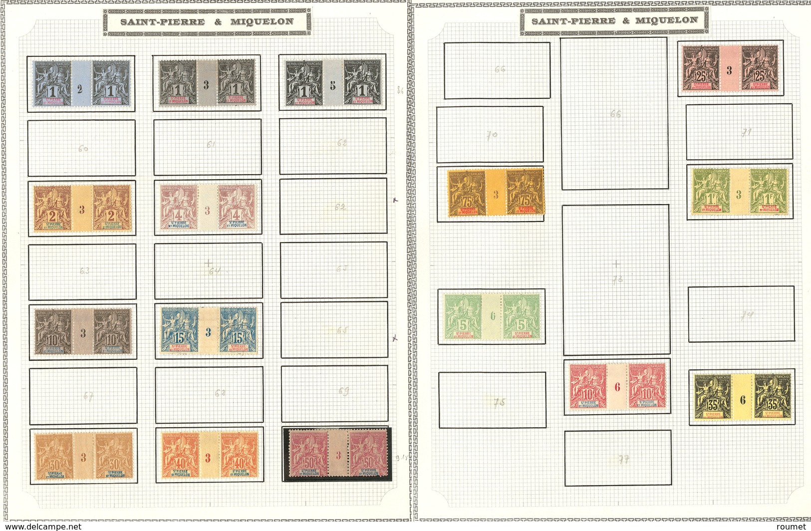 * St Pierre Et Miquelon. Collection. 1892-1908, 16 Paires Entre Les 59/76, Mill. Divers, Qqs Ex (*), Les 67 Et 69 Consol - Autres & Non Classés