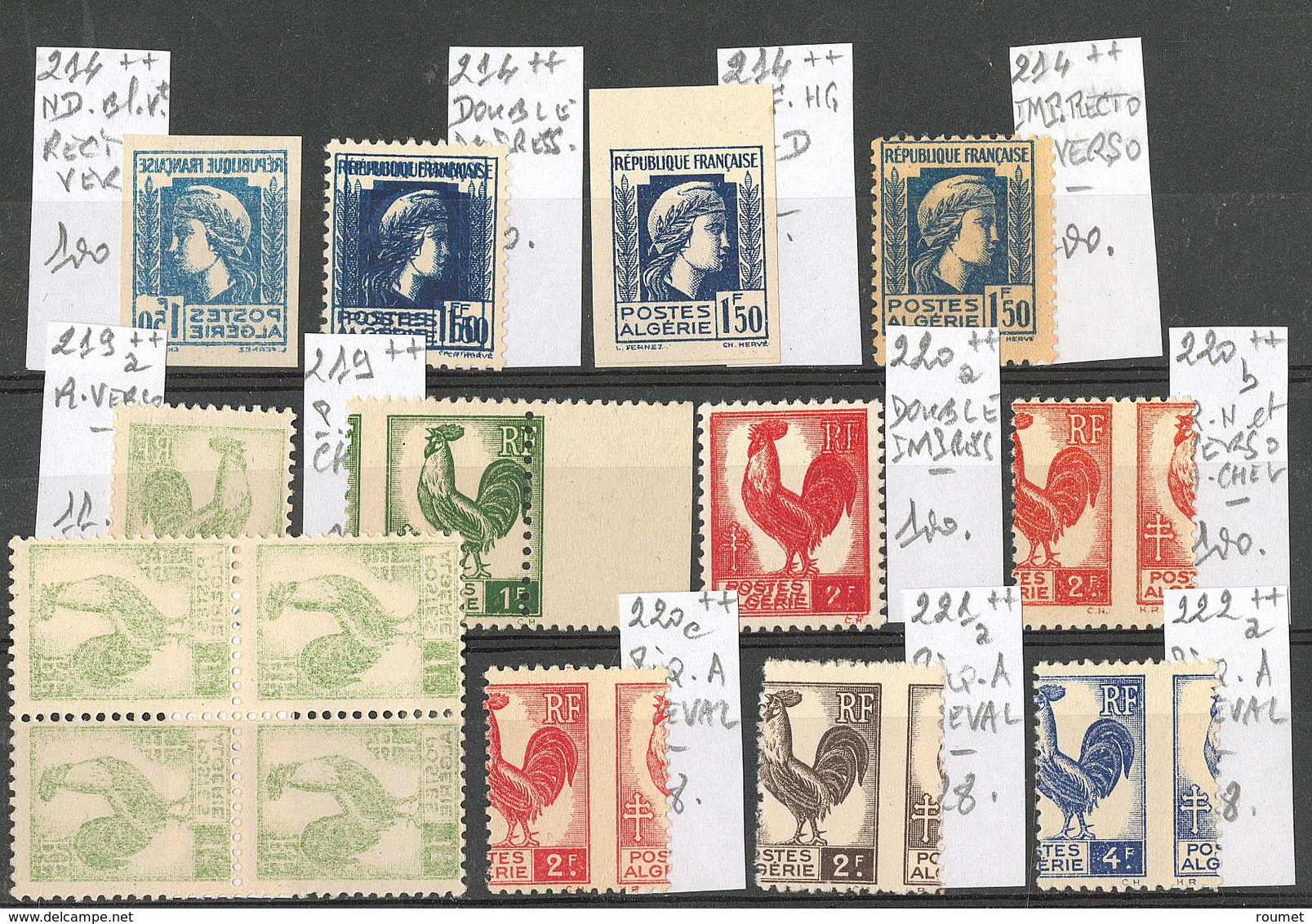 ** Collection. 1944, Marianne Et Coq, 11 Unités + Bloc De Quatre, Entre Les N° 214 Et 222, Dont ND, RV, Piquages, Etc. - - Other & Unclassified