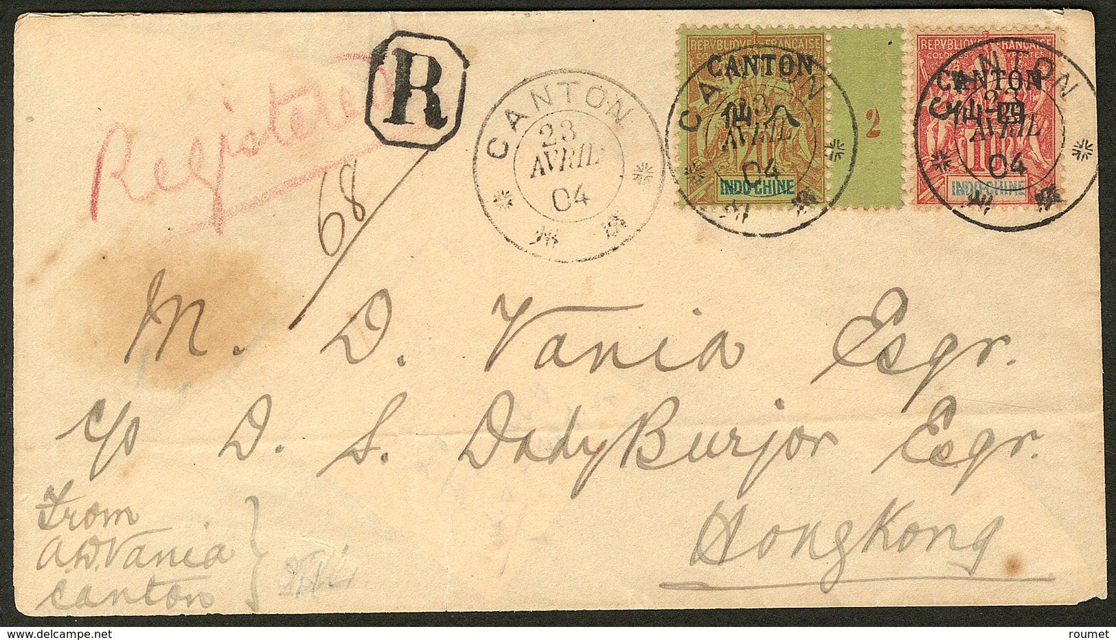 Lettre Nos 21 + 23 Bdf Mill. 2, Obl Cad D'Avril 1904 Sur Enveloppe Recommandée Pour Hong-Kong. - TB - Other & Unclassified