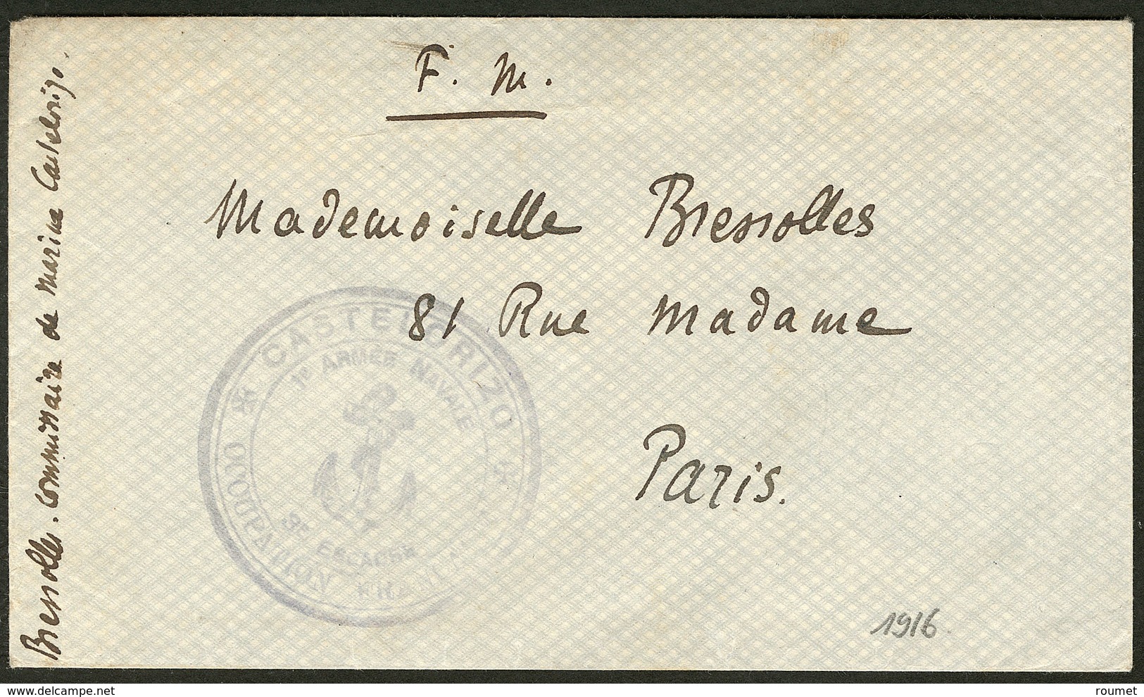 Lettre Enveloppe En FM 1916 Avec Grand Cachet "ancre" Occupation Française, Pour Paris. - TB - Autres & Non Classés