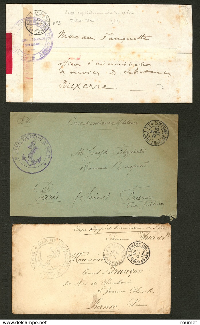 Lettre Corps Expéditionnaire De Chine. 3 Enveloppes 1900-1917, En FM Avec Cachets Et Mentions Divers. - TB - Other & Unclassified