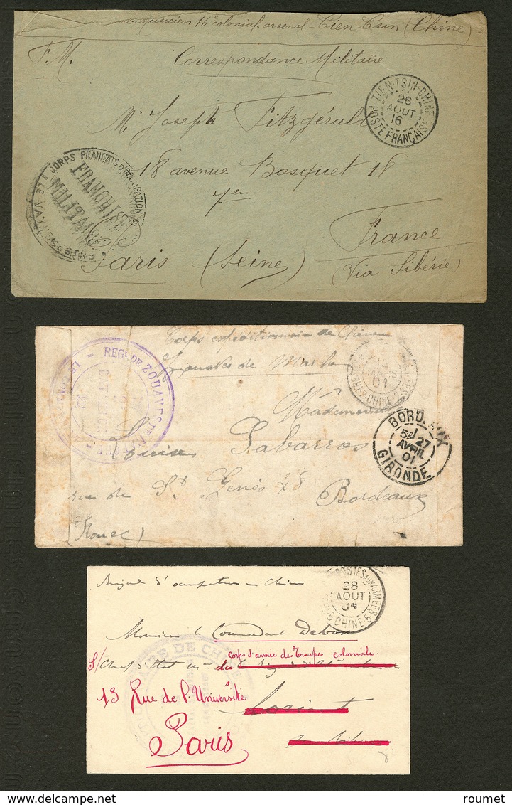 Lettre Corps Expéditionnaire De Chine. Trois Enveloppes 1901-1916, En FM, Avec Cachets Divers. - TB - Other & Unclassified