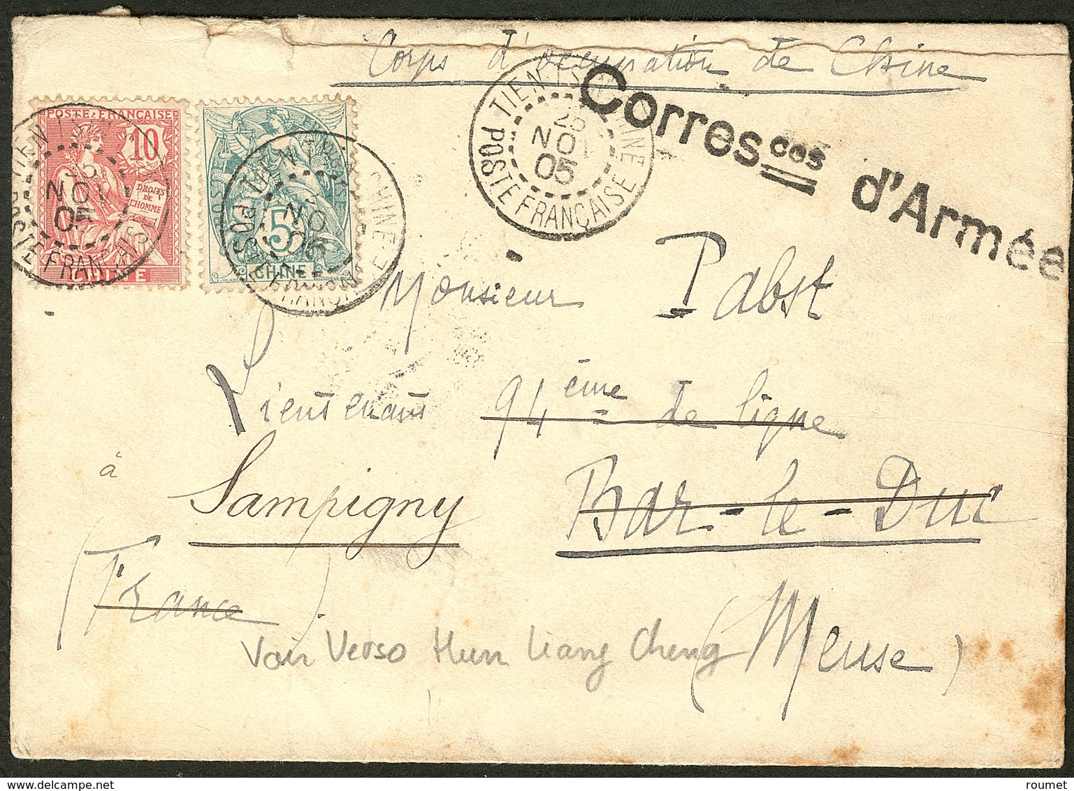 Lettre Nos 23 + 24 Obl Cad Tien Tsin Nov 1905 Sur Enveloppe Correspondances D'Armée. - TB - Autres & Non Classés