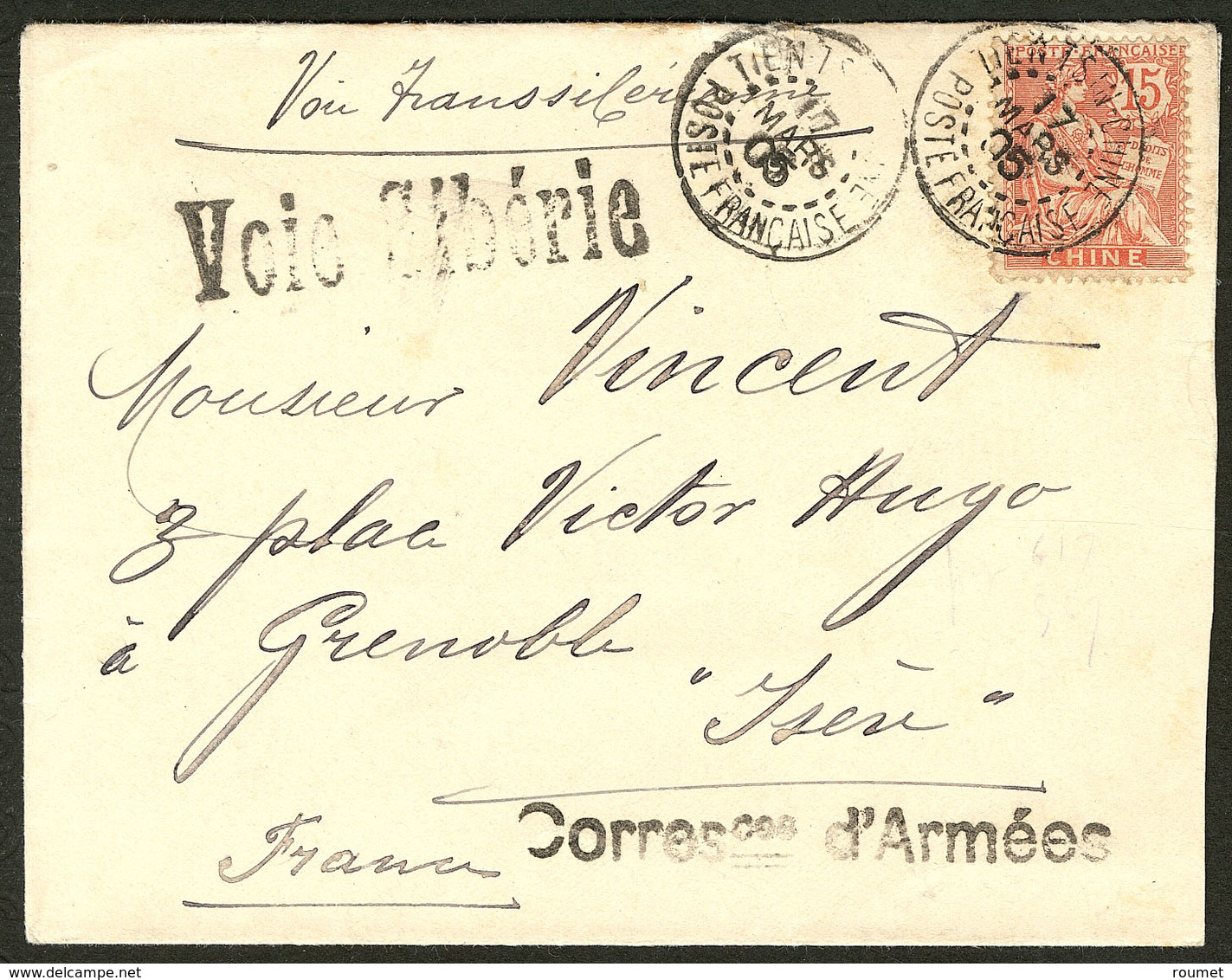 Lettre No 25 Obl Cad Tien Tsin Mars 1905 Sur Enveloppe Avec Griffes Correspondances D'armée Et Voie De Sibérie. - TB - Altri & Non Classificati