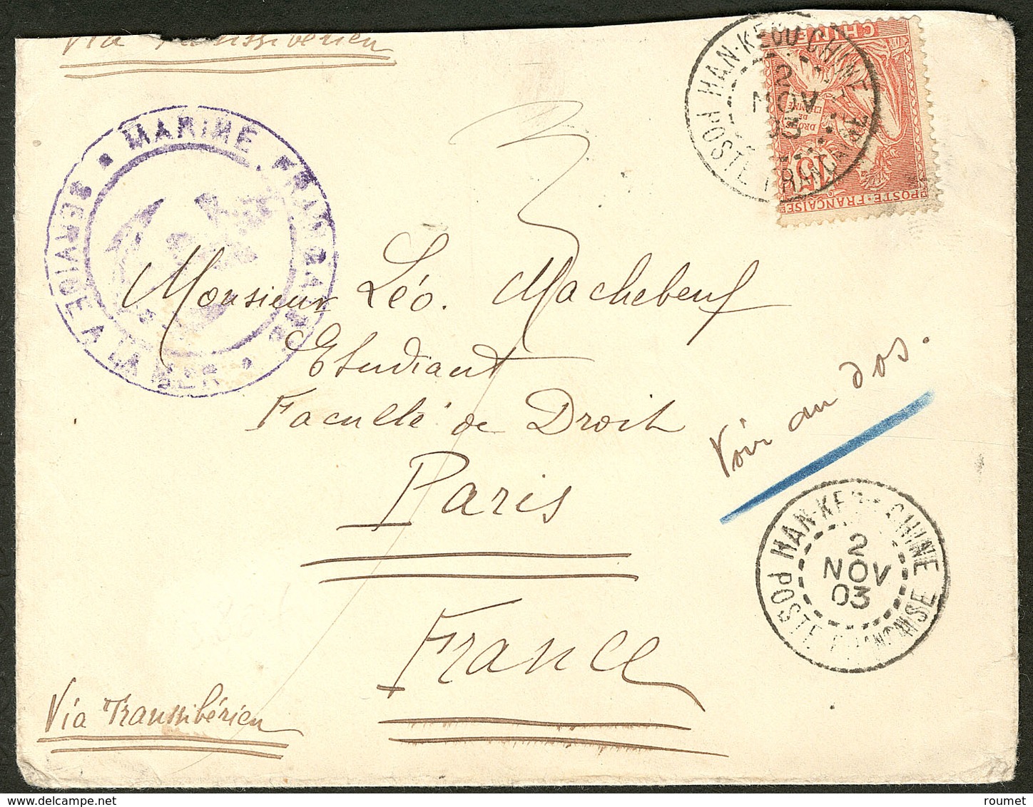 Lettre No 25, Obl Cad Han Keou Nov 1903 Sur Enveloppe Avec Cachet Violet "Service à La Mer", Pour La France. - TB - Other & Unclassified