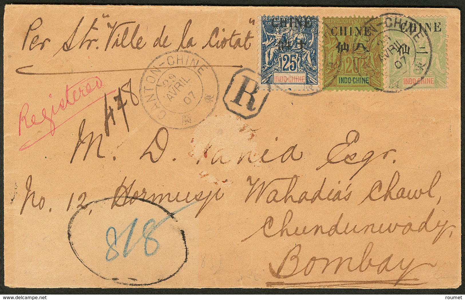 Lettre Nos 52 + 54 + 55, Obl Cad Canton Avril 1907 Sur Enveloppe Recommandée Pour Bombay. - TB - Autres & Non Classés