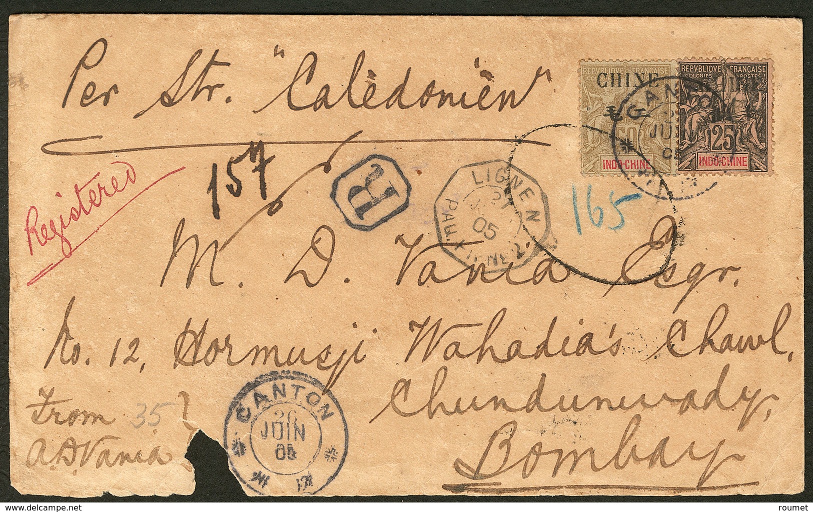 Lettre Nos 55 + 59, Obl Cad Juin 1905 Sur Enveloppe (pd) Recommandée, Avec Cad Ligne N, Pour Bombay. - TB - Altri & Non Classificati