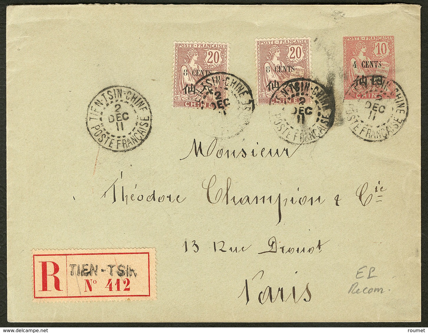 Lettre Enveloppe Entier Type N°76 + 78 (2), Obl Cad Tien-Tsin Déc 1911, Recommandée Pour Paris. - TB - Autres & Non Classés