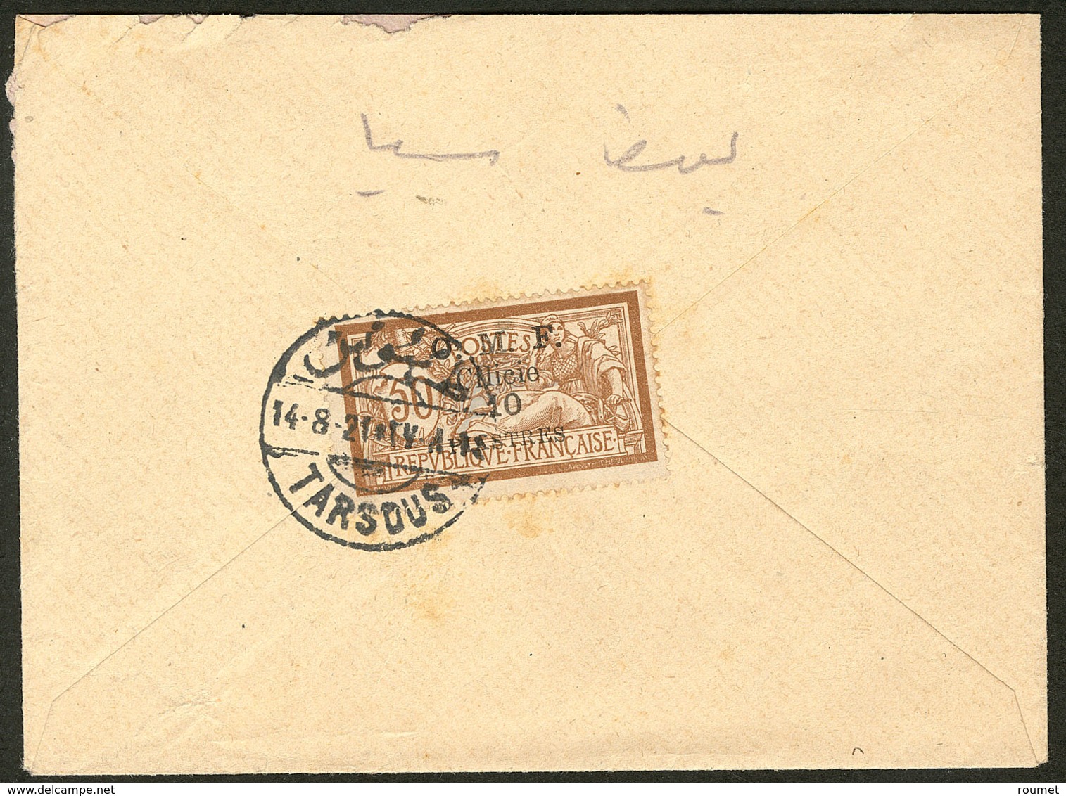 Lettre No 95 Obl Cad Tarsous 14.8.21 Au Dos D'une Enveloppe Pour Adana. - TB - Other & Unclassified