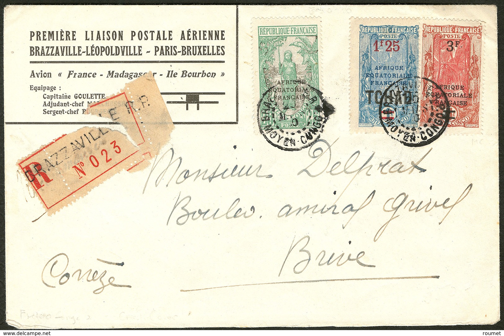 Lettre Nos 79 + 101 + 103, Obl Brazzaville 20 Mars 1930 Sur Enveloppe Illustrée 1ère Liaison Brazzaville-Léopoldville-Pa - Autres & Non Classés