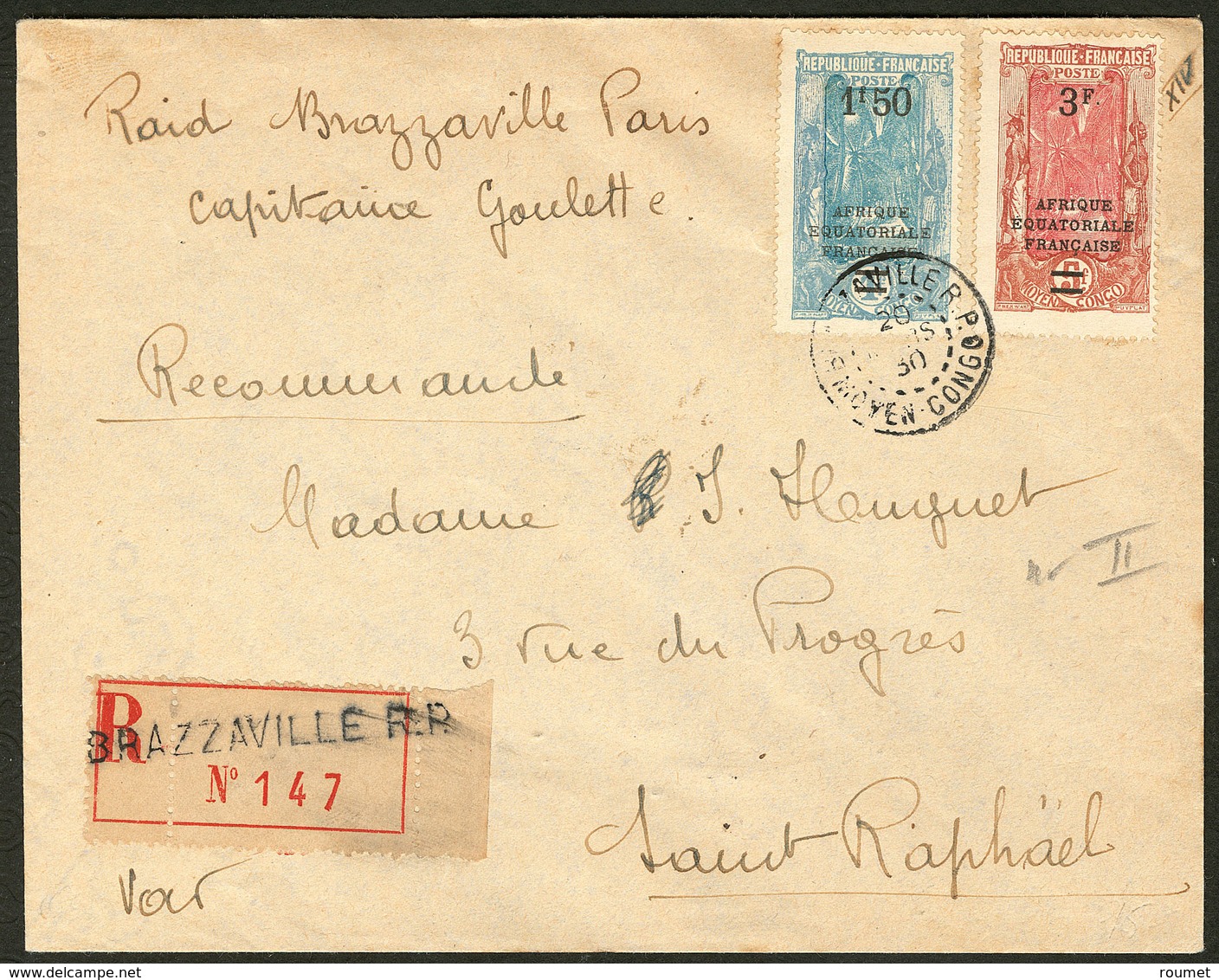 Lettre Nos 102 + 103, Sur Enveloppe De Libreville 20 Mars 1930 Recommandée Pour La France , Avec Griffe Noire Spéciale D - Other & Unclassified