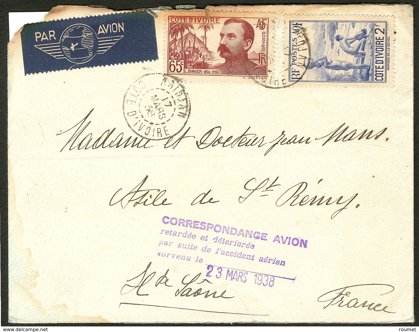 Lettre Accident Aérien 23 Mars 1938. Nos 128 + 139 Sur Enveloppe D'Abidjan Pour La France, Avec Trace De Brulure Et CS.  - Autres & Non Classés