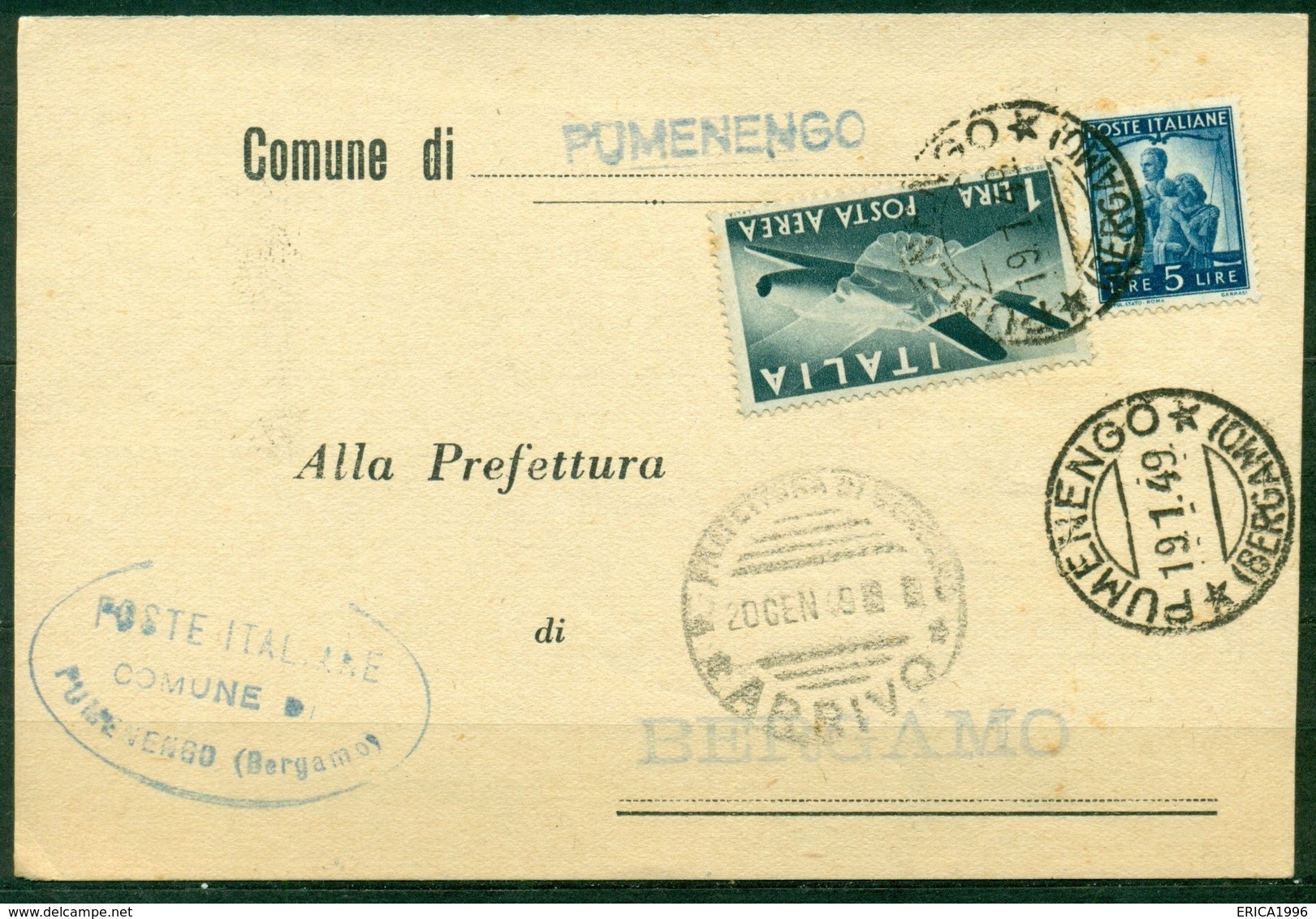 V9820 ITALIA REPUBBLICA 1949 Cartolina Affrancata Con Democratica 5 L. + Posta Aerea 1 L., Da Pumenengo 19.1.49 Per Bg - 1946-60: Storia Postale