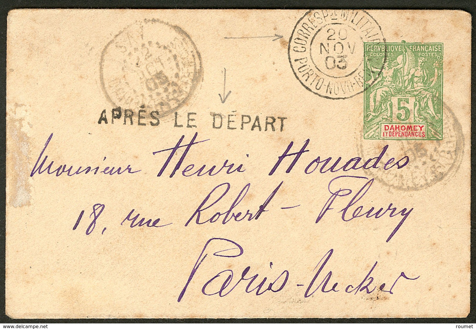 Lettre CP Entier 5c Vert-jaune (N°9), Obl Cad Say + Correspondances Militaires Nov 1903, Pour Paris. - TB - Autres & Non Classés