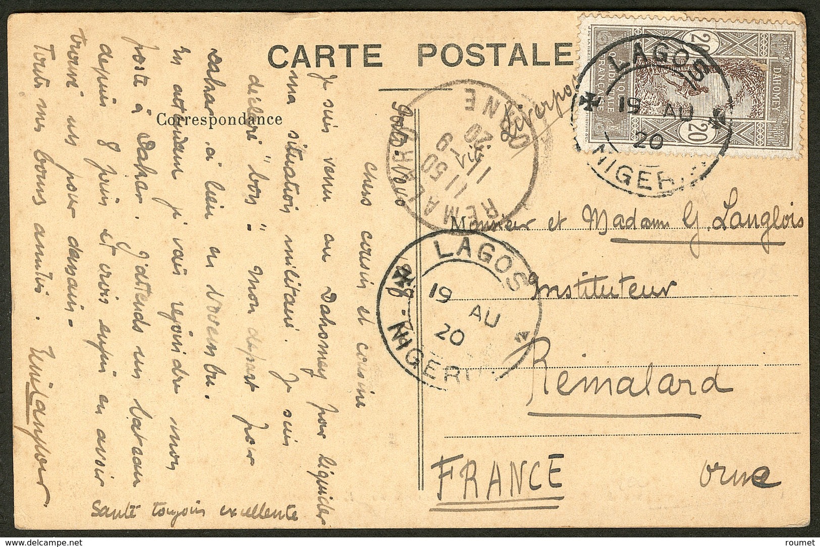 Lettre No 49, Obl Cad Lagos Nigeria 19 Août 20 Sur CP Pour La France. - TB - Other & Unclassified