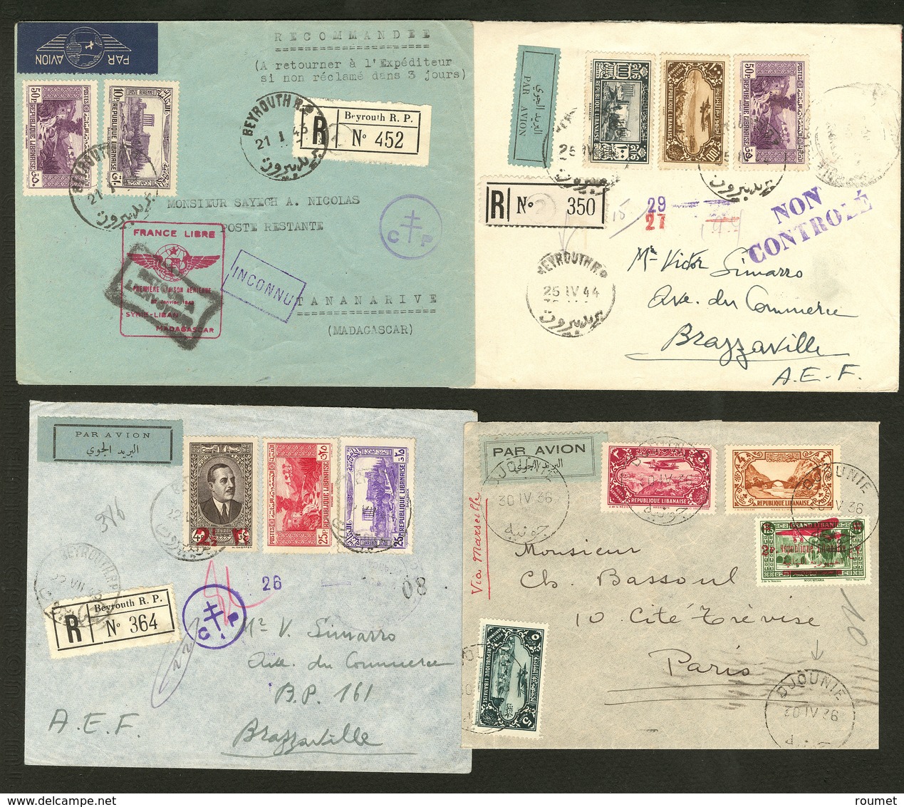 Lettre Lot. 1926-1944, 4 Enveloppes, Affts Et Destinations Divers. - TB - Autres & Non Classés