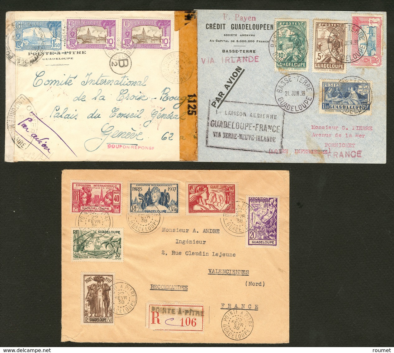 Lettre Lot. 1938-1943, 3 Enveloppes Affts Et Destinations Divers Dont 1e Liaison Aérienne Guadeloupe-France Via Terre Ne - Other & Unclassified