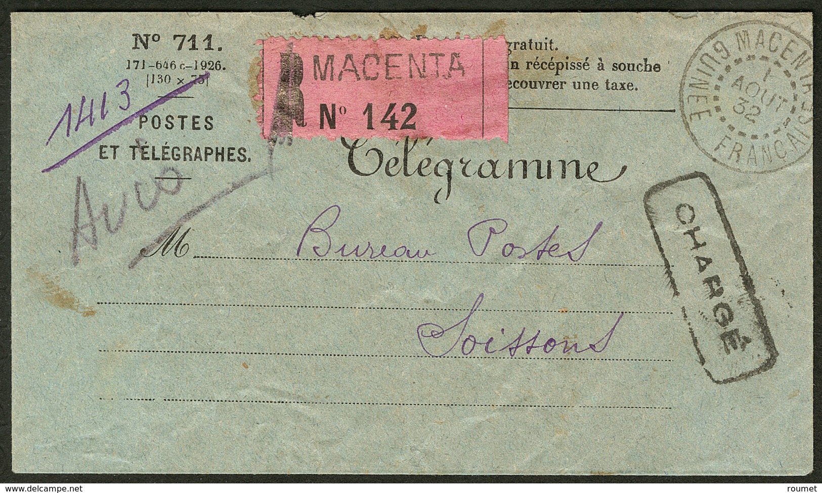 Lettre Télégramme. Enveloppe Avec étiquette "Macenta/N°142" Et Cad 1 Août 32, Pour Soissons. - TB - Other & Unclassified