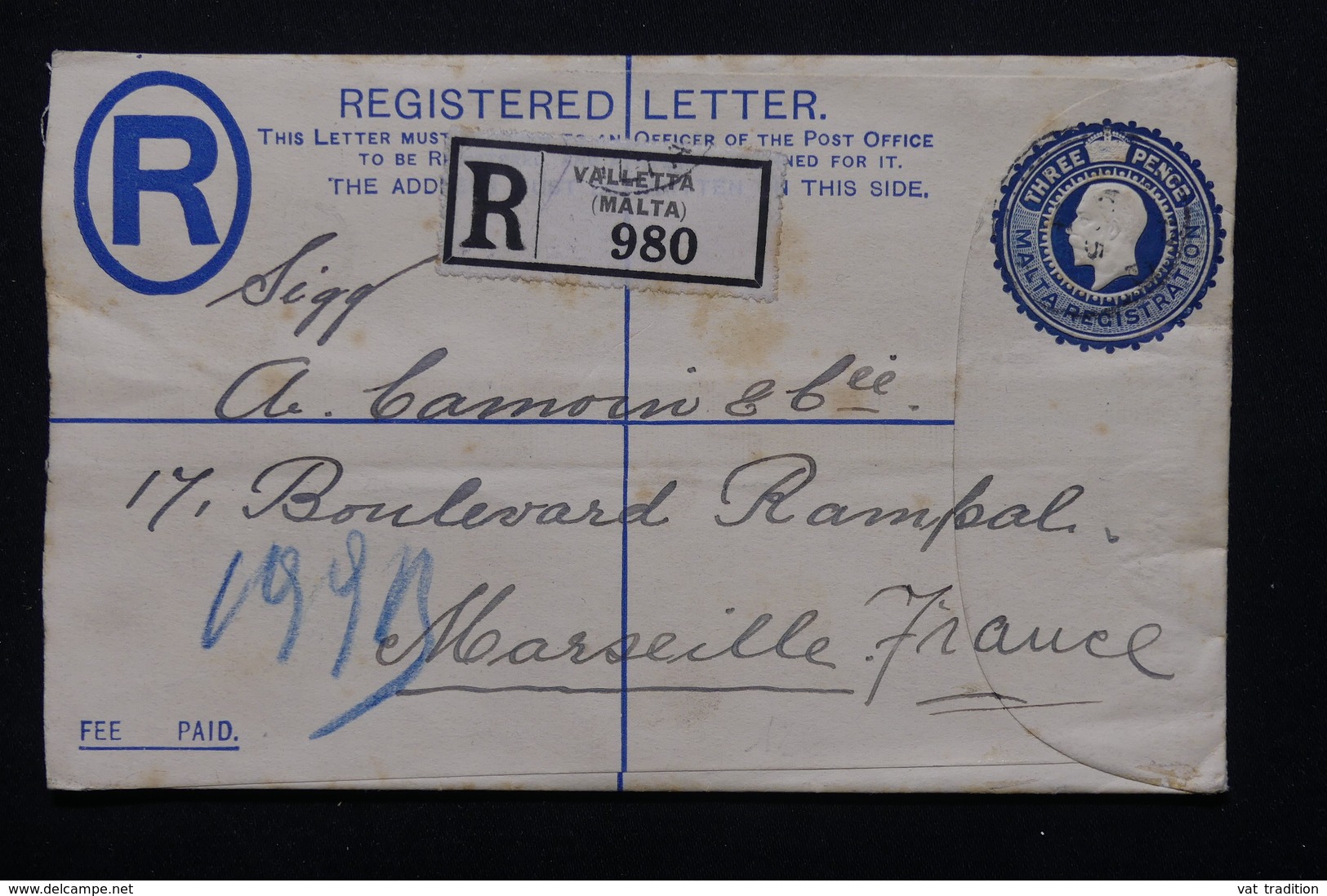 MALTE - Entier Postal + Complément Au Verso En Recommandé De Valletta Pour La France En 1934 - L 20879 - Malte