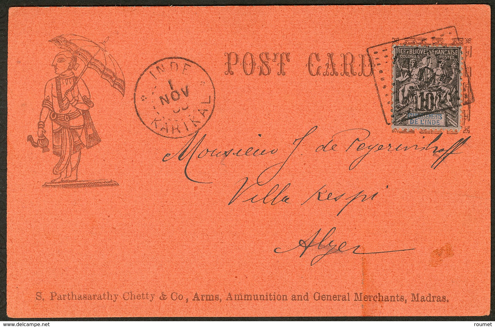 Lettre No 5, Obl Grille De Karikal Sur CP Illustrée De Nov 1900 Pour Alger. - TB - Autres & Non Classés